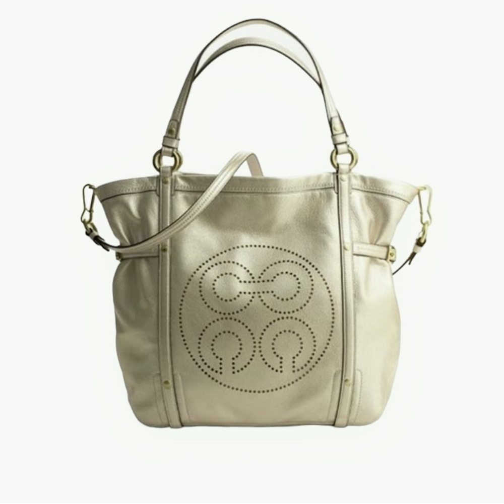 COACH Audrey Andie Large Patent Leather Cinched Tie Perforated Tote Bag - Picture 3 of 16